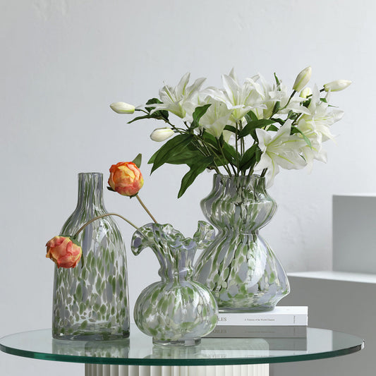 Speckled green art glass vases
