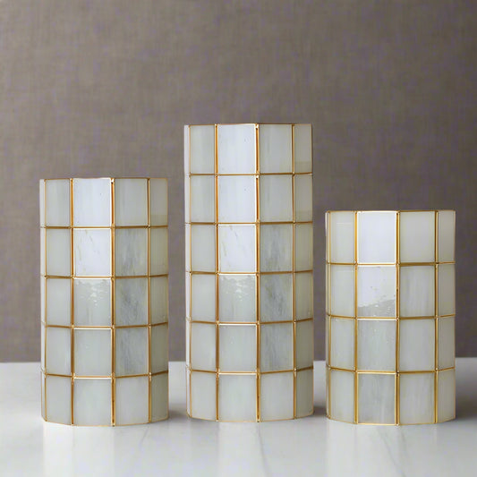 Gold-Framed White Cylindrical Vases