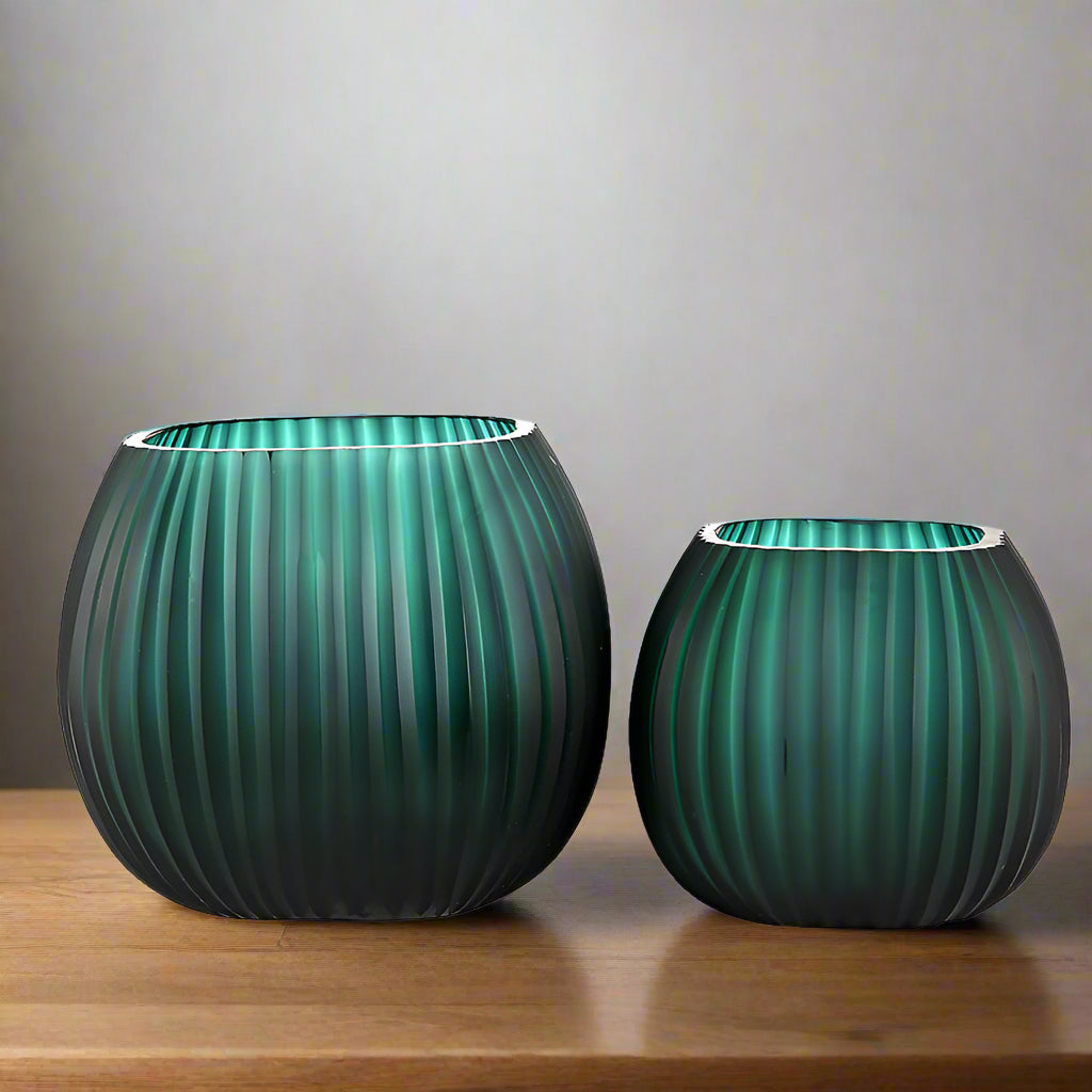 Deep Green Ribbed Glass Vases