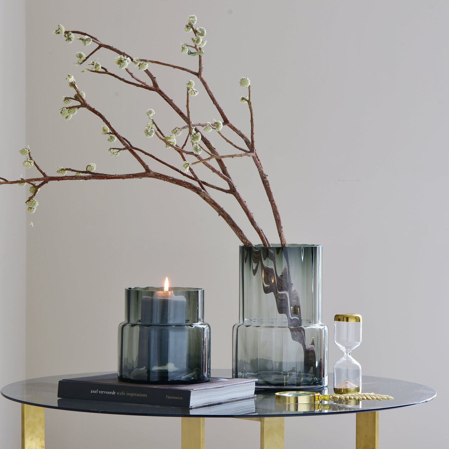 Smoky glass vases and candle holders