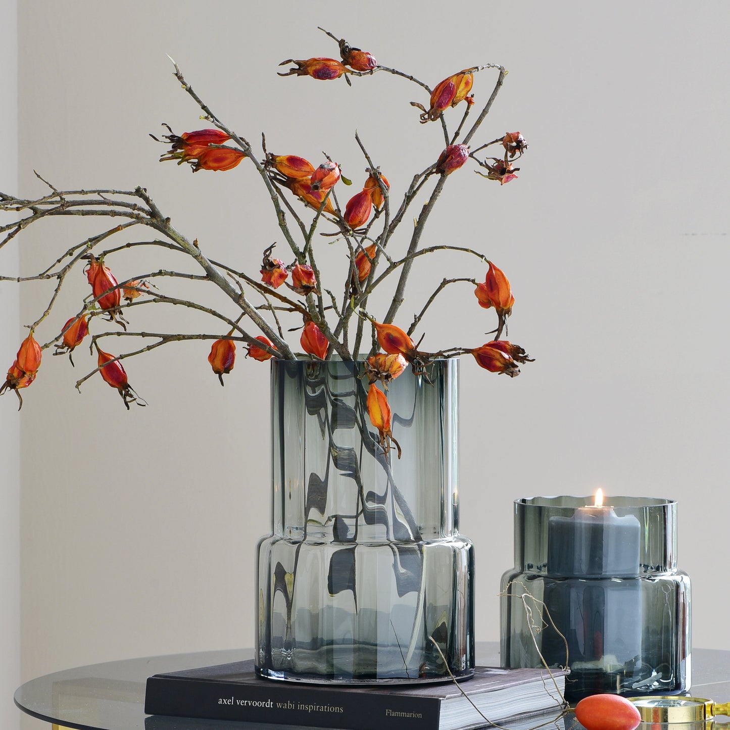 Smoky glass vases and candle holders